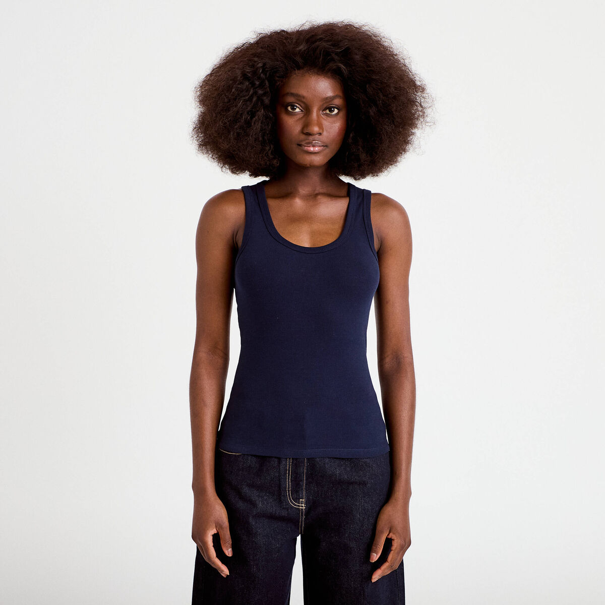 D&eacute;bardeur c&ocirc;tel&eacute; col rond bleu marine femme