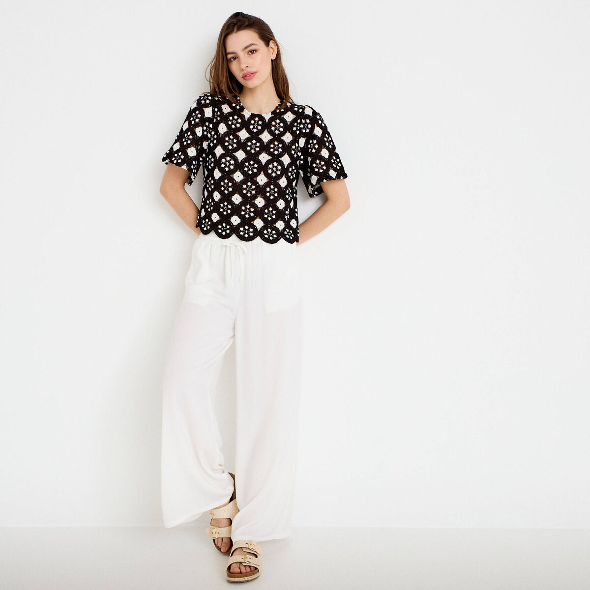 Pantalon large fluide ecru femme