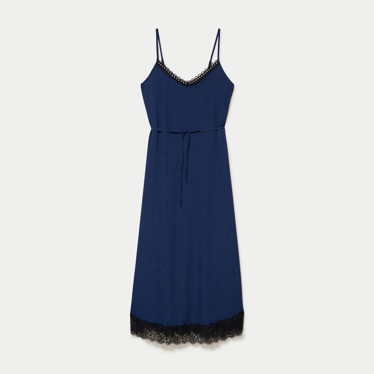 Robe longue &eacute;vas&eacute;e col v dentelle bleu marine femme