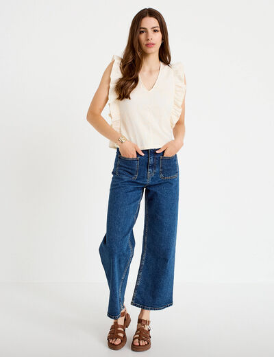 T-shirt sans manches col v brod&eacute; ecru femme