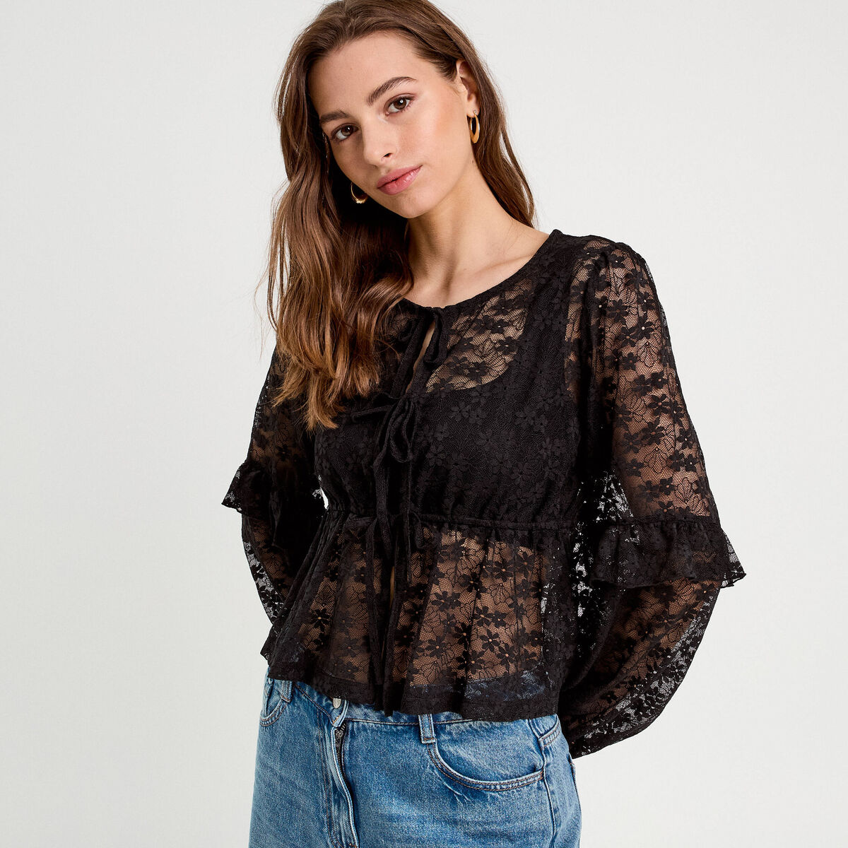 Blouse manches longues noeuds noir femme
