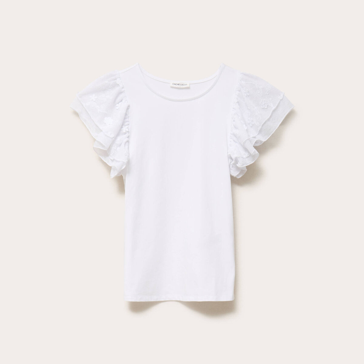 T-shirt ajust&eacute; dentelle col rond blanc femme