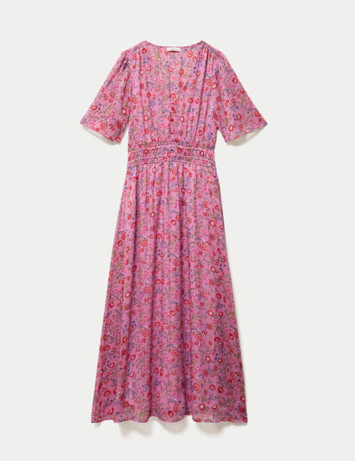 Robe longue &eacute;vas&eacute;e voile manches courtes rose femme