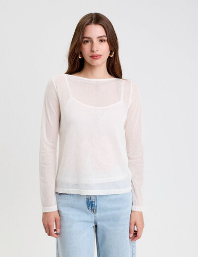 Top transparent col rond manches longues ecru femme