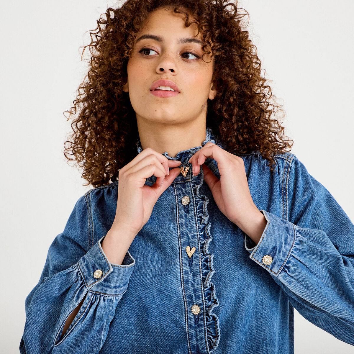 Robe &eacute;vas&eacute;e jean col montant denim double stone femme