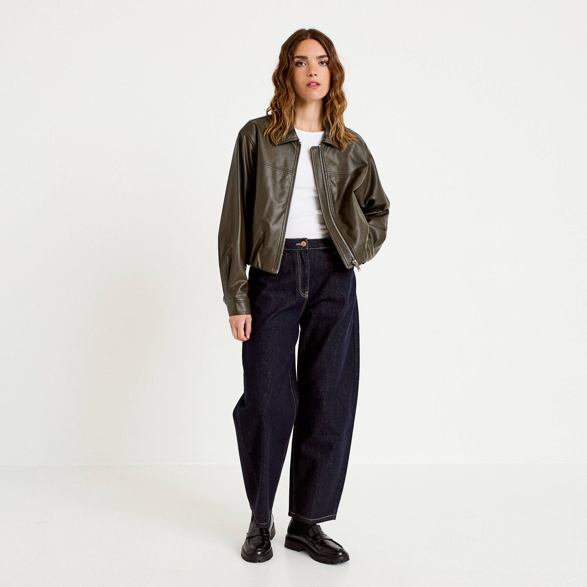 Veste effet boule manches longues vert kaki femme