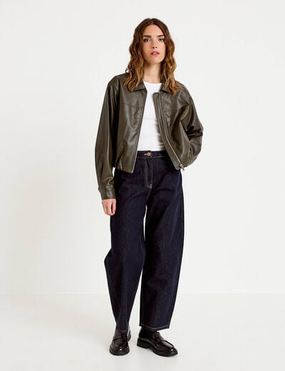 Veste effet boule manches longues vert kaki femme