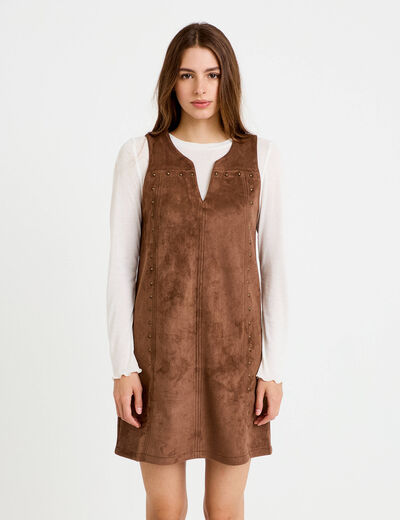 Robe droite courte sans manches col rond marron femme