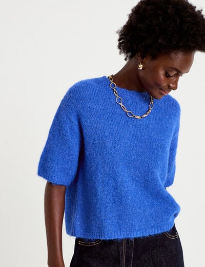 Pull col rond manches courtes bleu electrique femme