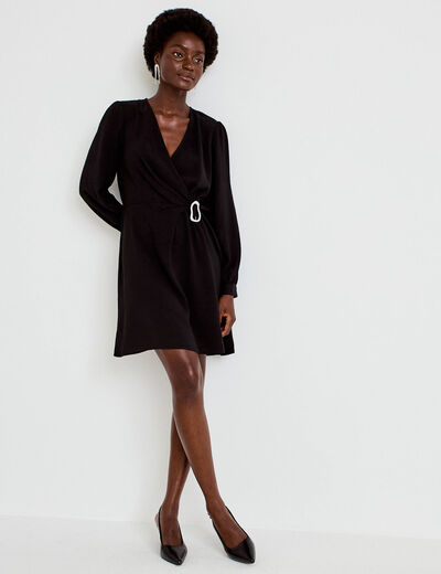 Robe courte &eacute;vas&eacute;e col v manches longues noir femme