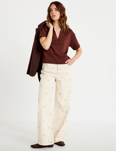 Jean wide leg broderie taille haute denim blanc femme