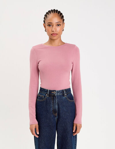 Body cintr&eacute; manches longues bateau vieux rose femme
