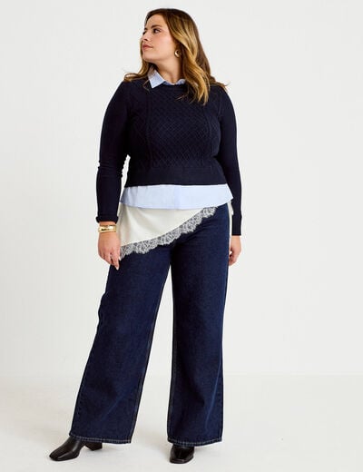 Pull chemise 2-en-1 bleu marine femme