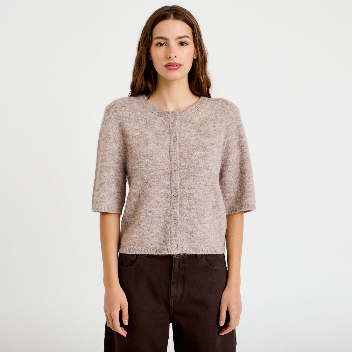 Gilet duveteux manches 3/4 taupe femme