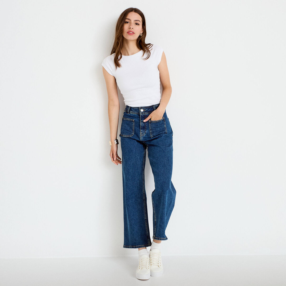 Jean wide leg cropped taille haute denim stone femme