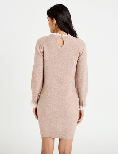 Robe pull ajust&eacute;e col rond dentelle taupe femme
