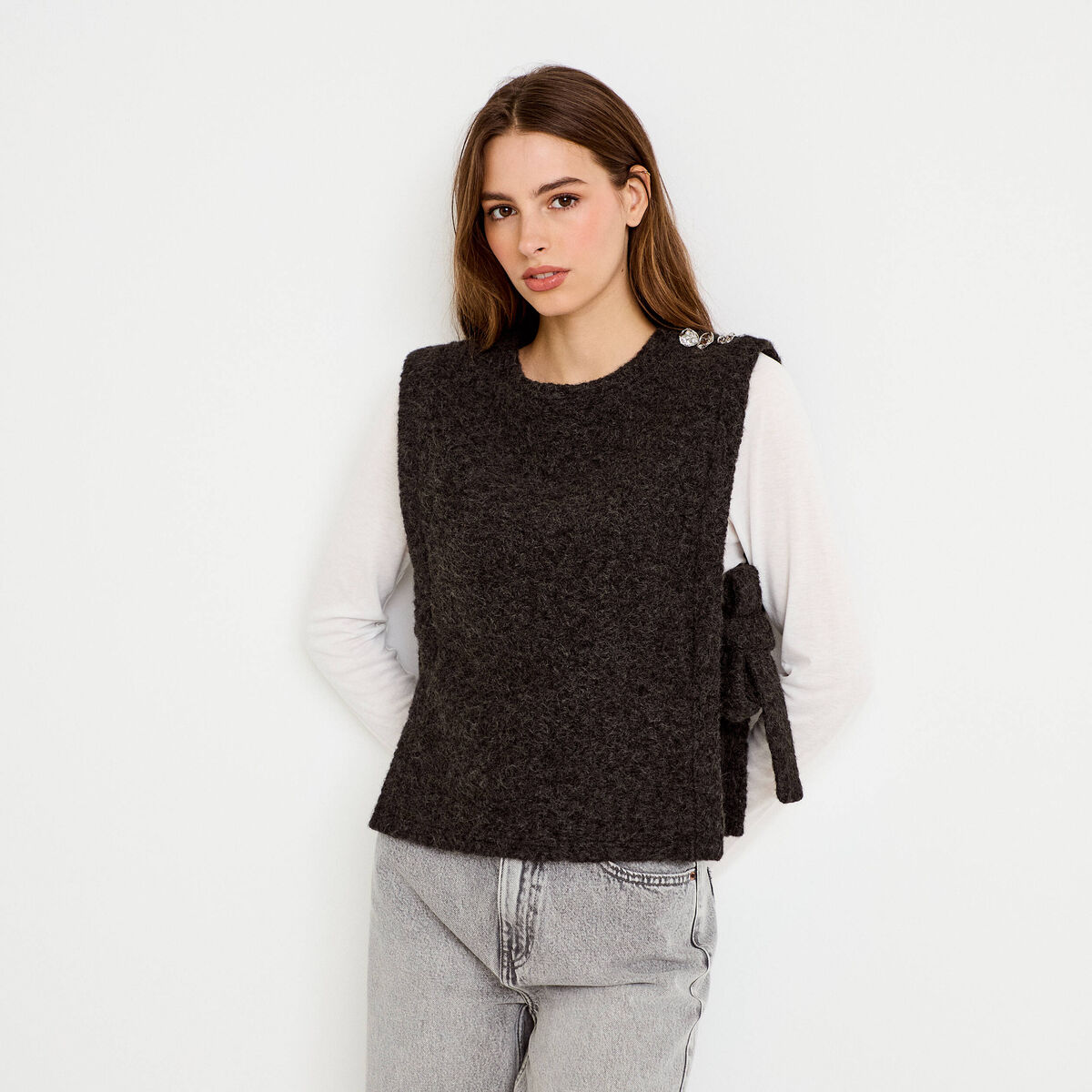 T-shirt 2-en-1 col rond manches longues gris fonc&eacute; femme