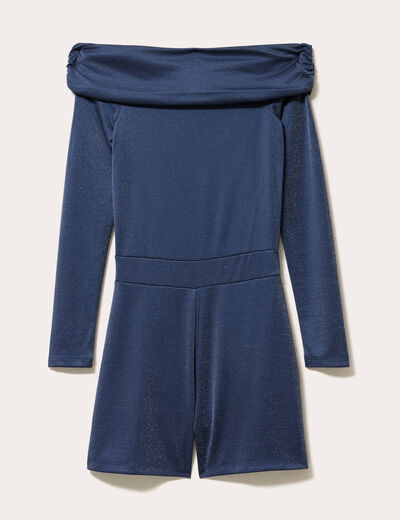 Combishort col bardot fils m&eacute;tallis&eacute;s bleu fonc&eacute; femme
