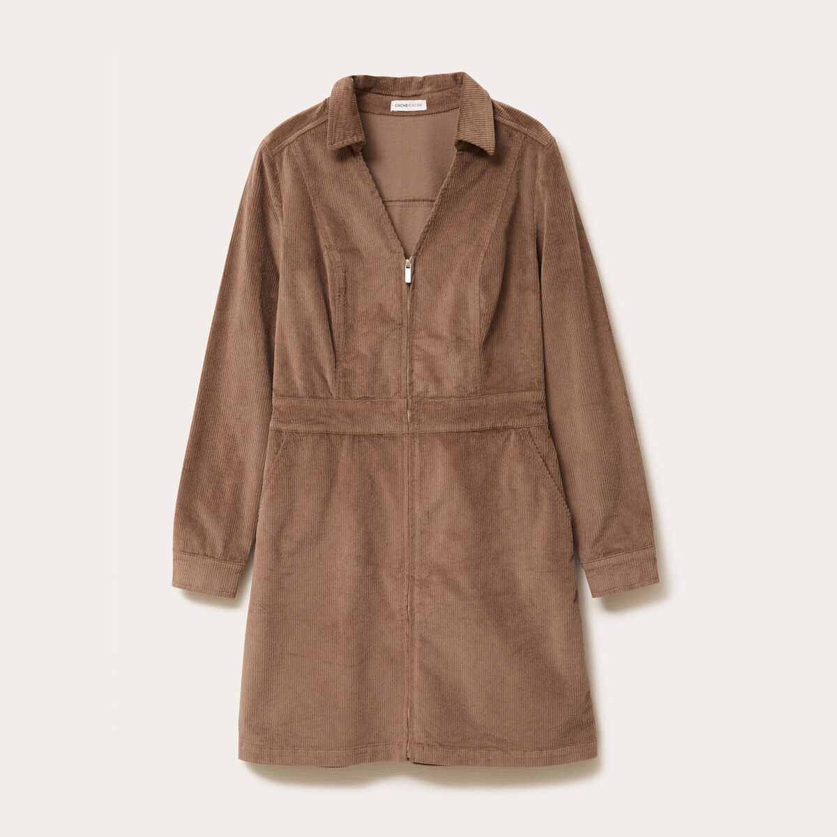 Robe zipp&eacute;e en velours taupe femme