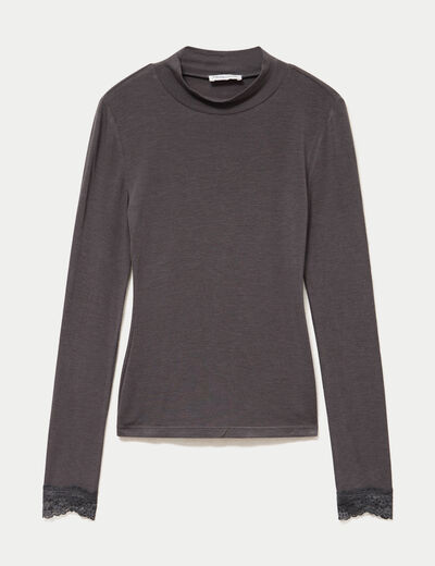 T-shirt ajust&eacute; col roul&eacute; dentelle gris fonc&eacute; femme
