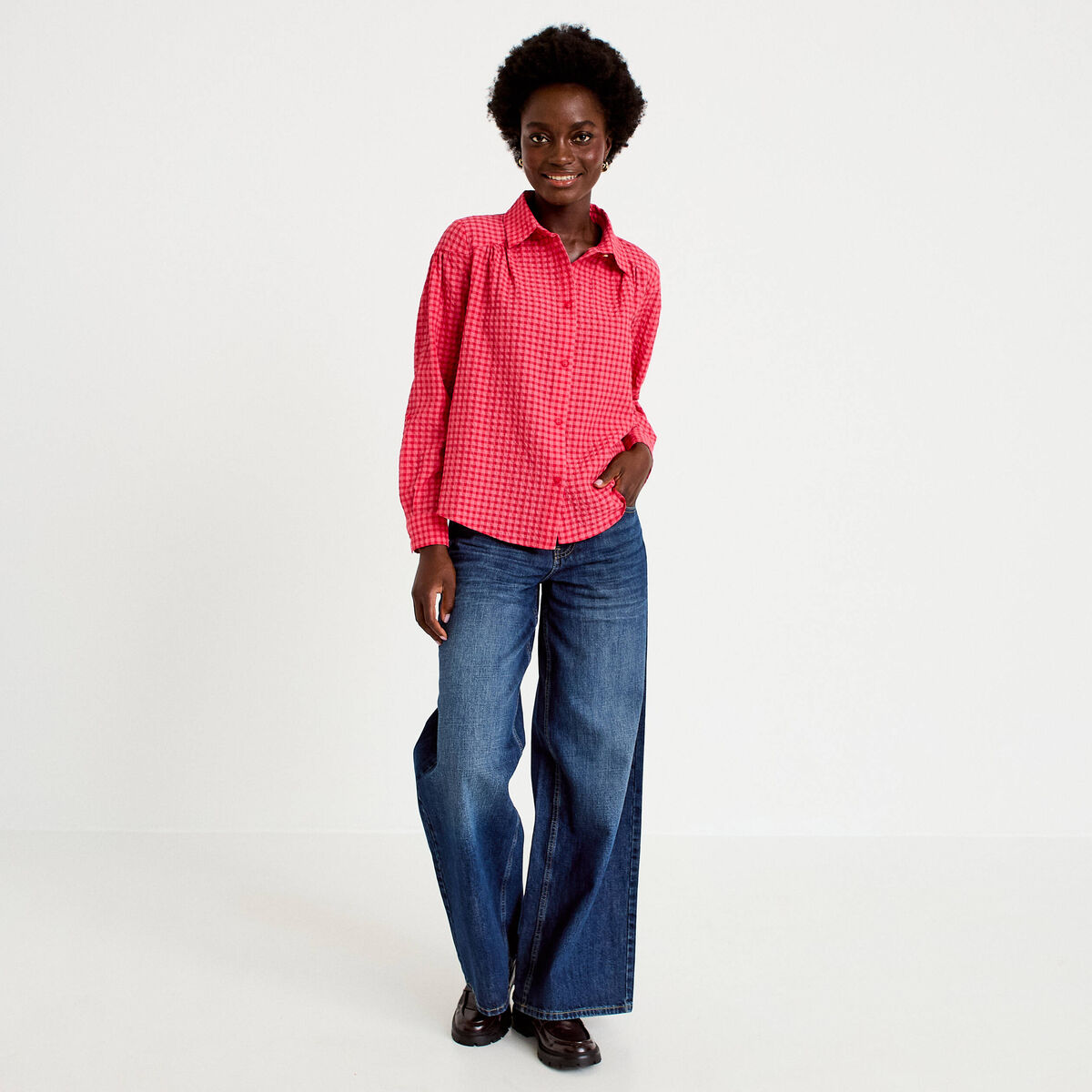 Chemise ample manches longues vichy rouge cerise femme