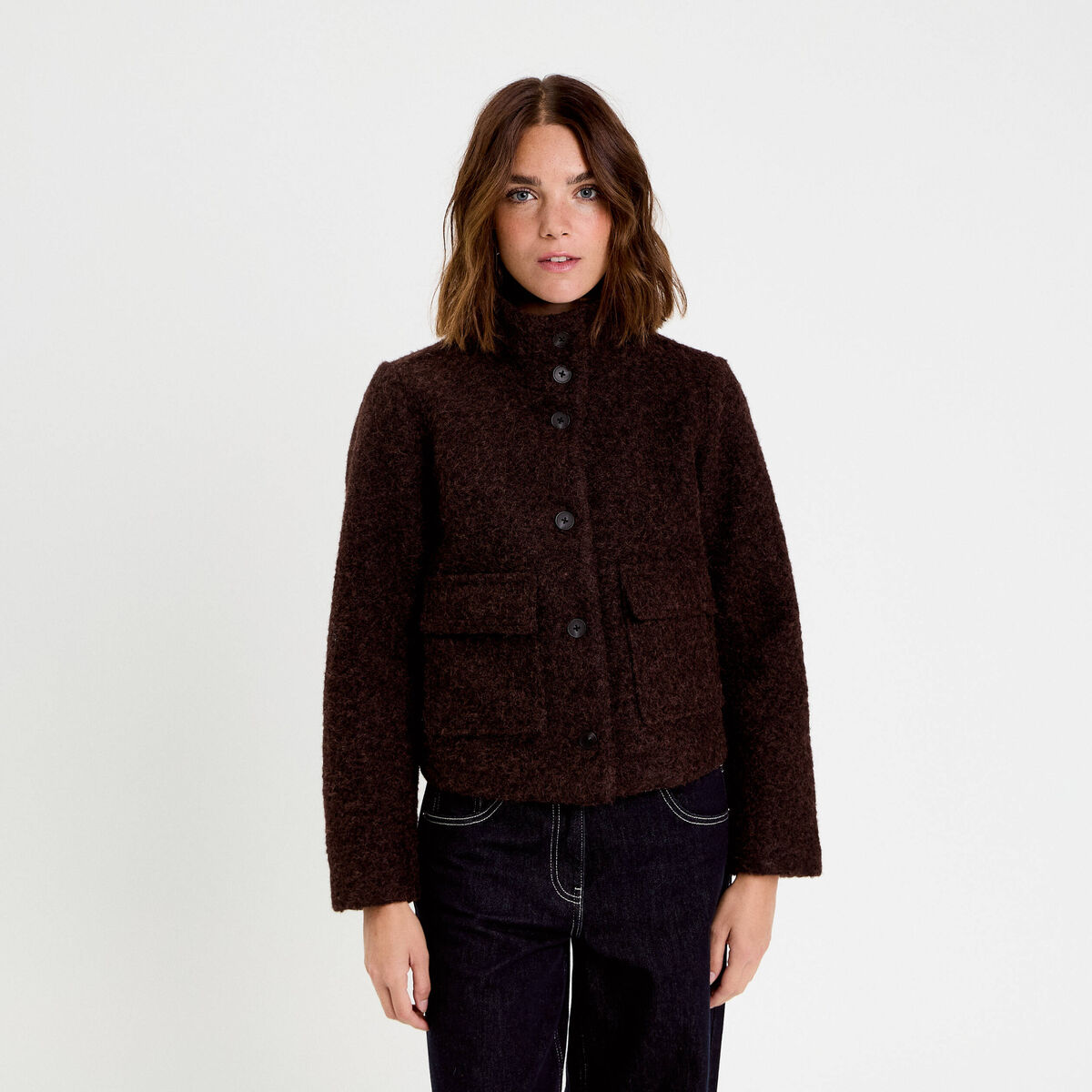 Veste col montant manches longues marron fonc&eacute; femme