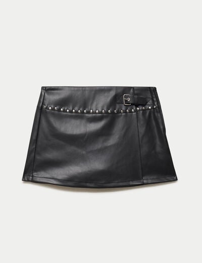 Jupe-short mini enduite d&eacute;tails clout&eacute;s noir femme