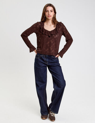 Blouse ajour&eacute;e manches longues marron fonc&eacute; femme