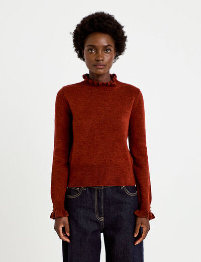 Pull ajust&eacute; col montant manches longues marron cognac femme