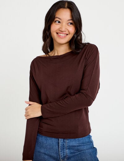 T-shirt col bateau manches longues marron fonc&eacute; femme