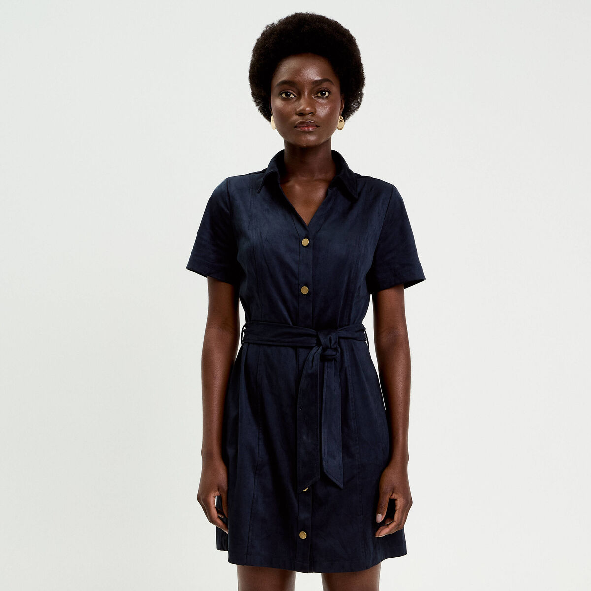 Robe boutonn&eacute;e aspect daim bleu marine femme