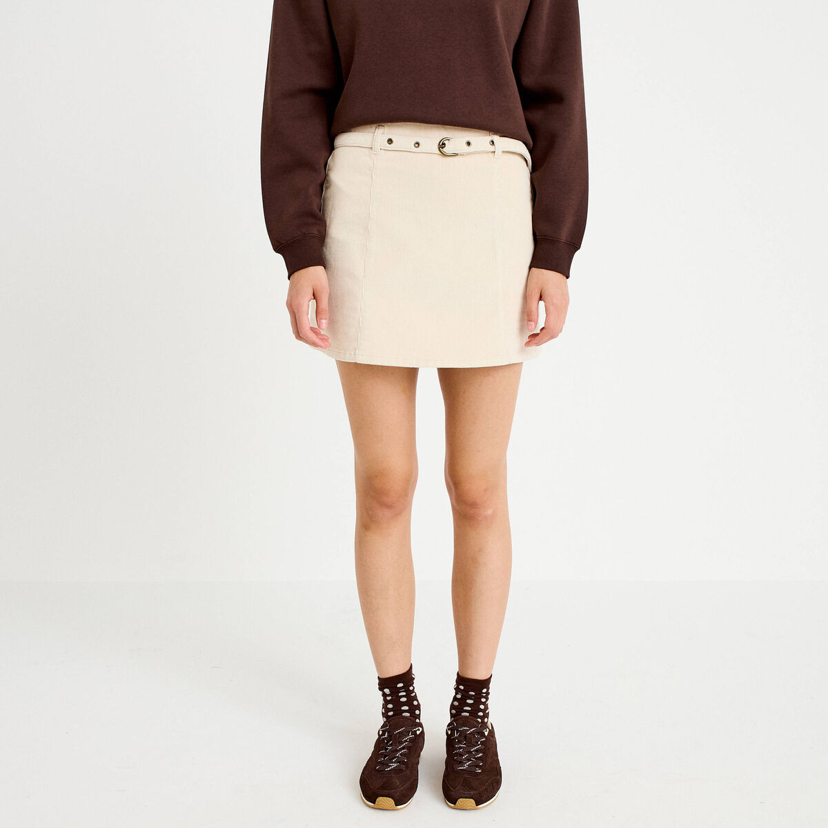 Jupe-short &eacute;vas&eacute;e velours ceinture ecru femme