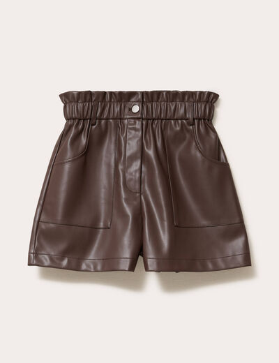 Short regular taille haute similicuir marron fonc&eacute; femme