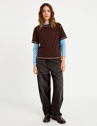 Top col rond manches courtes marron fonc&eacute; femme