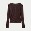 Gilet ajust&eacute; col rond manches longues marron fonc&eacute; femme