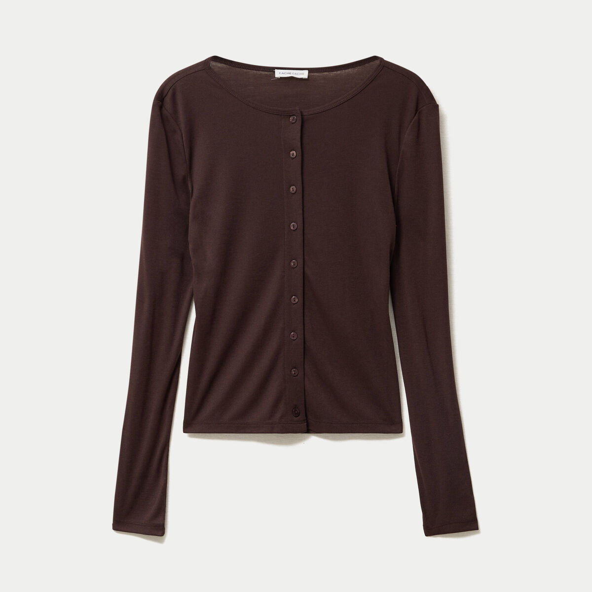 Gilet ajust&eacute; col rond manches longues marron fonc&eacute; femme