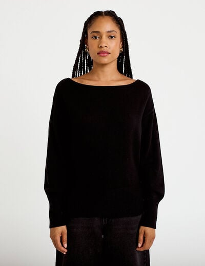 Pull oversize col bateau manches longues noir femme