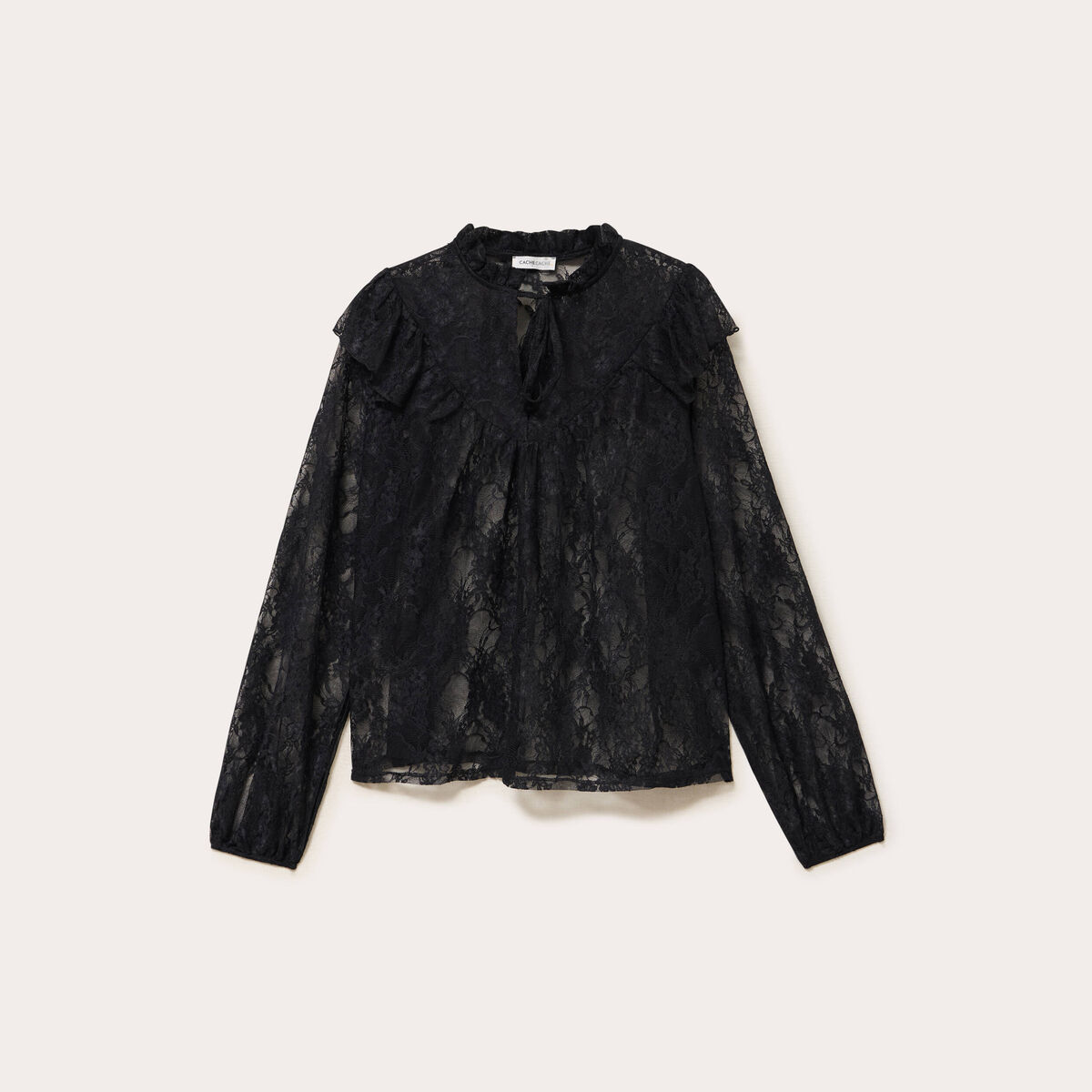 Blouse col rond manches longues dentelle noir femme
