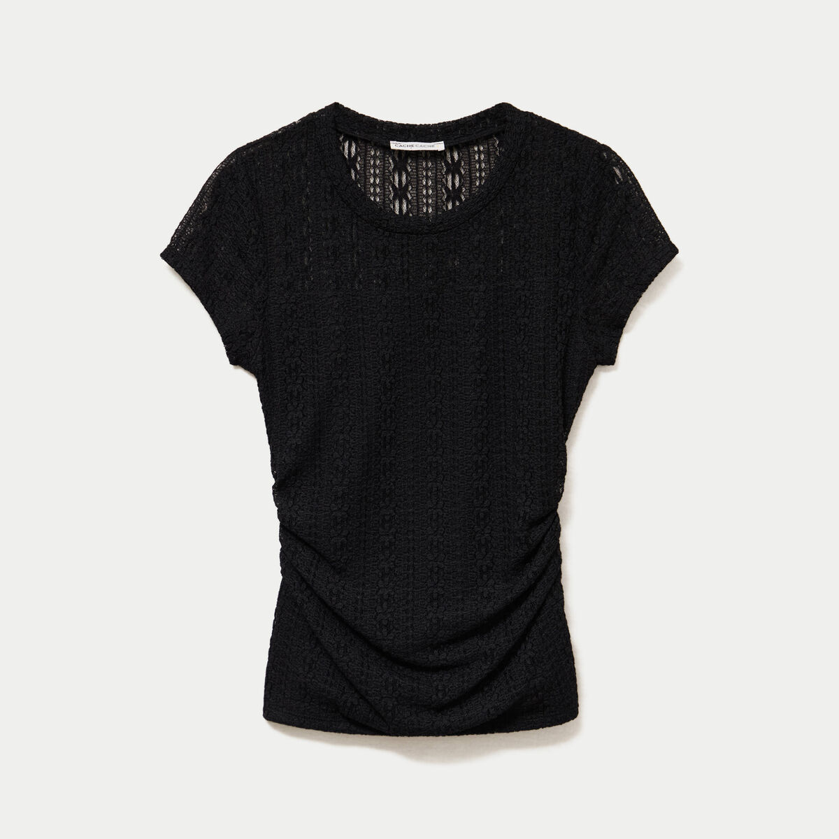 Top en dentelle col rond manches courtes noir femme