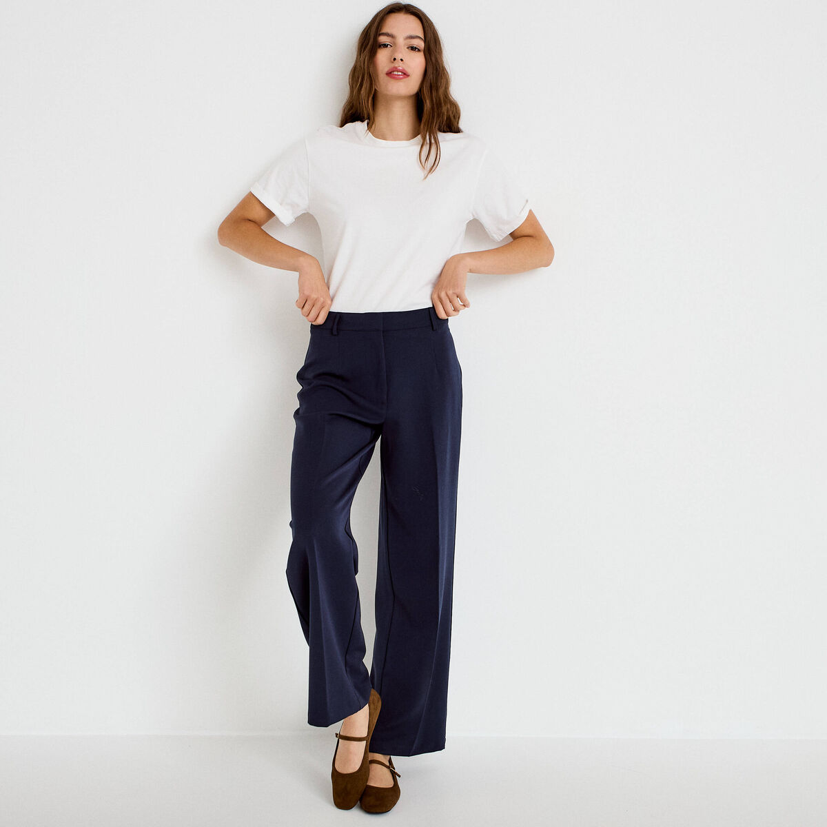 Pantalon large ventre plat bleu marine femme
