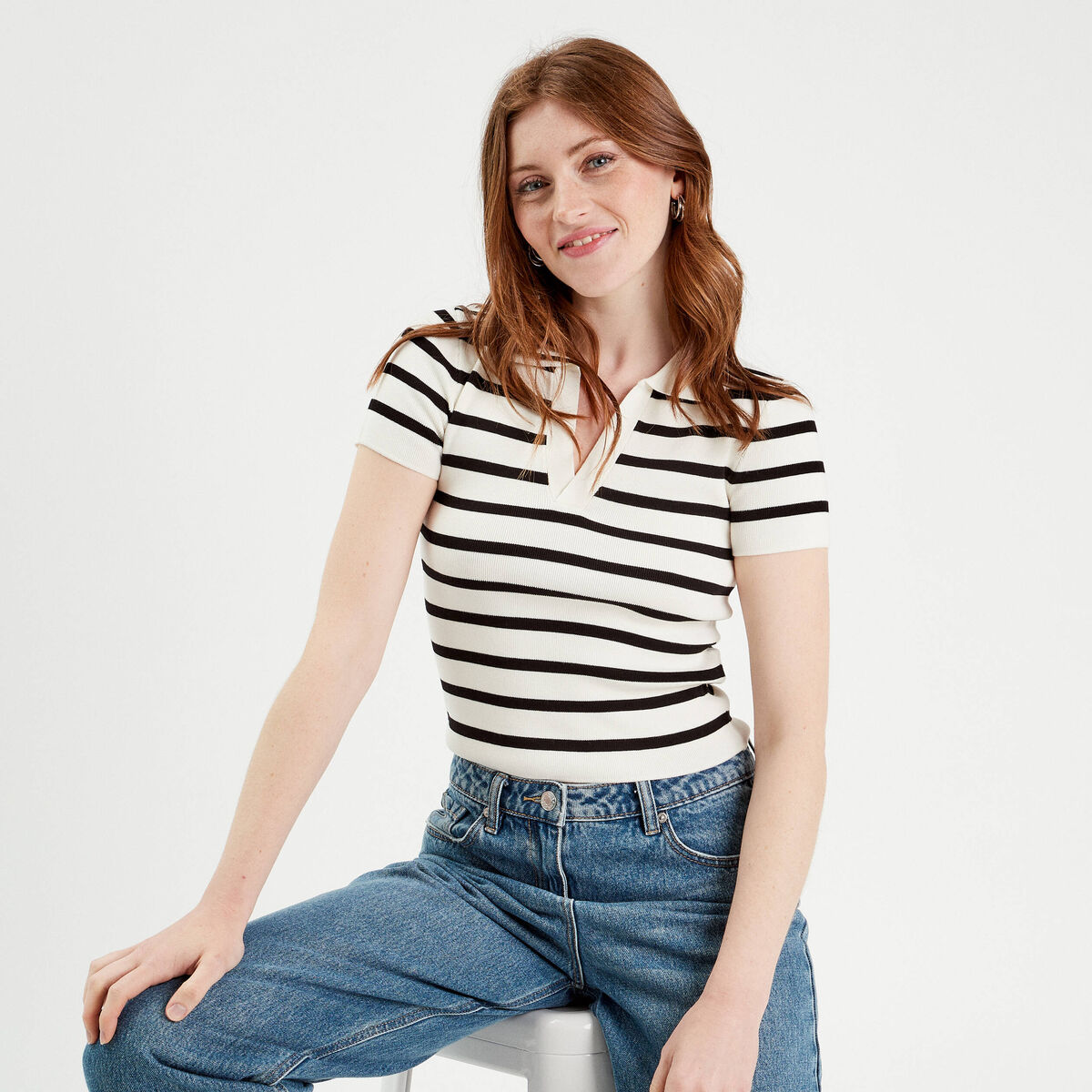 T-shirt manches courtes col polo blanc femme