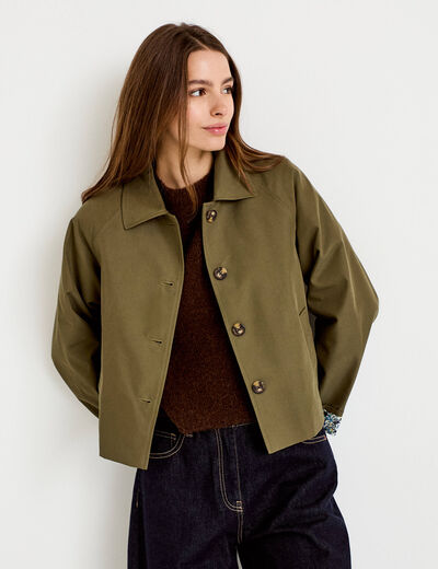 Veste courte boutonn&eacute;e doublure vichy vert kaki femme