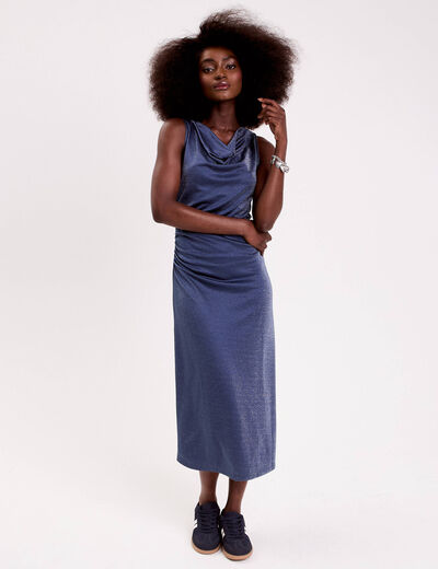 Robe longue fils m&eacute;tallis&eacute;s bleu fonc&eacute; femme