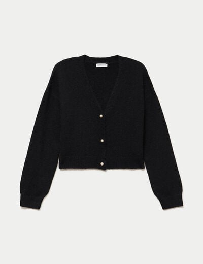 Gilet court ajust&eacute; col v manches longues noir femme