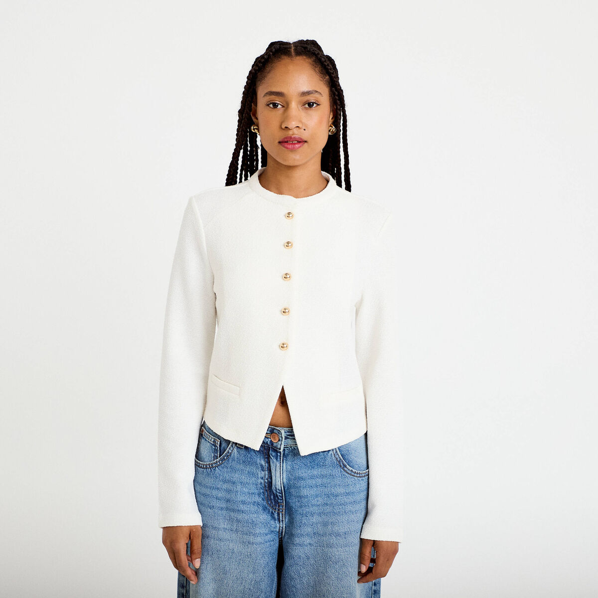 Veste tweed droite cropped col rond ecru femme