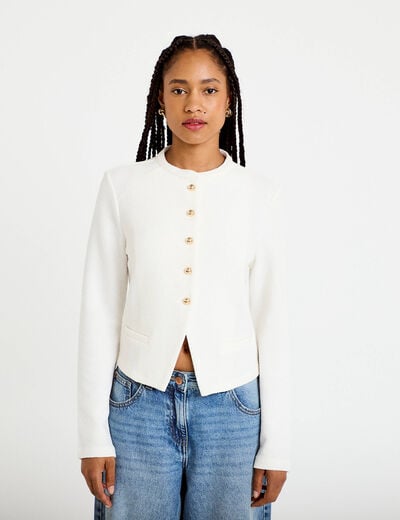 Veste tweed droite cropped col rond ecru femme