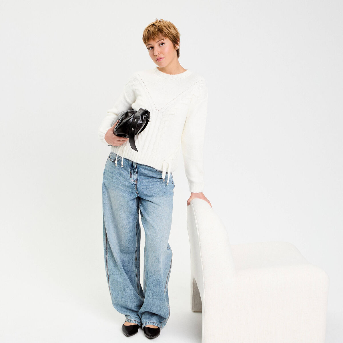 Pull &agrave; torsades ecru femme