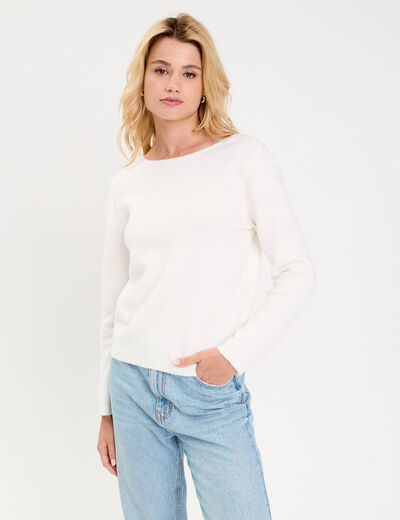 Pull d&eacute;collet&eacute; dos avec fleurs en relief ecru femme