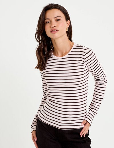 T-shirt ajust&eacute; col rond manches longues rose femme