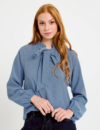 Blouse col montant manches longues bleu femme
